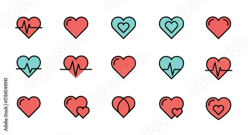 Fifteen heart-shaped illustrations in a grid. Some red, some teal, some with outlines, and some with lines indicating heartbeats.  The icons represent love, care, and health