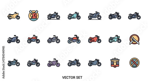 A collection of various colorful motorcycle illustrations and related icons. It includes a road sign, a trash can, and a native american image. A 'vector set' label is at the bottom