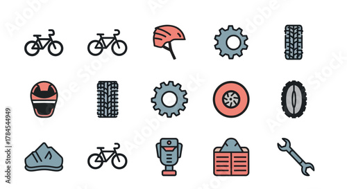 A collection of colorful, flat vector illustrations featuring bicycles, protective gear, mechanical parts, and tools. Each element is outlined