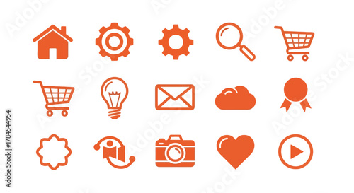 A collection of simple, orange-colored icons, including a house, gears, magnifying glass, shopping carts, a lightbulb, an envelope, and more, all on a white background