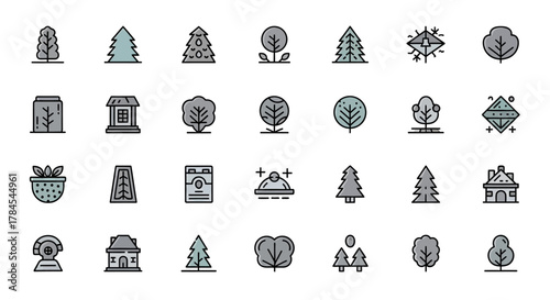 A collection of simple, colored, vector icons depicting various trees, plants, buildings, and objects in a flat design style, arranged in a grid-like structure against a white background