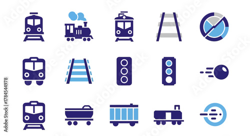 A collection of stylized icons related to transportation, featuring various train types, tracks, and traffic signals, rendered in a simple two-tone blue and white color scheme