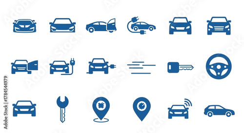 A collection of blue icons related to vehicles. Including cars, charging cables, keys, location pins, a steering wheel, speed lines, and a wrench