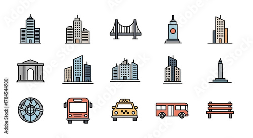 Vectorized icons depicting urban elements, including various building styles, bridge, monument, bus, taxi, and a bench, and a compass. Color palette black, beige, gray, red, and blue