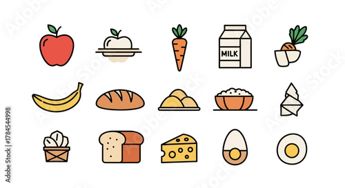 A vibrant food illustration with colorful, simple icons of fruits, vegetables, dairy, grains, and prepared dishes, all against a clean white background. Various food items are depicted