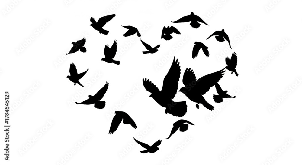 Naklejka premium Flock of Love Birds Silhouette Illustration – Romantic Vector Design on White Background