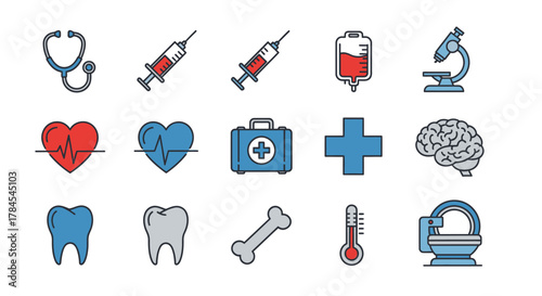 A set of colorful flat vector illustrations depicting medical tools and organs. The icons include a stethoscope, syringe, heart, first-aid kit, and brain