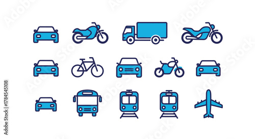 Collection of stylized transportation icons in blue and dark blue, including cars, motorcycles, truck, bicycle, bus, train and airplane. Vector illustrations