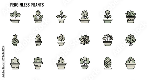 A set of stylized potted plants in a flat design with black outlines, each unique in shape and form, ideal for icons or illustrations