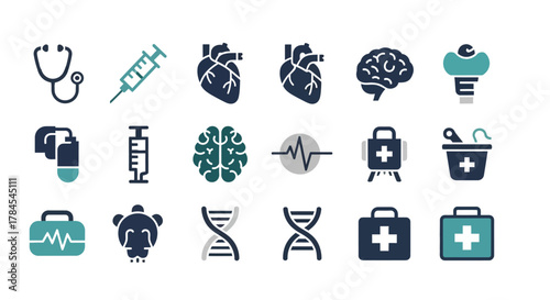 A collection of simple, colored illustrations of medical tools and body parts, including a stethoscope, syringe, heart, brain, DNA, and first aid kit