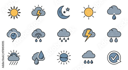 A colorful collection of stylized weather icons, including sun, clouds, rain, lightning, moon, and a checkmark. Each symbol is outlined with bold strokes