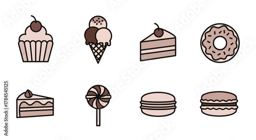 Simplified illustrations of desserts including a cupcake, ice cream, slices of cake, a donut, lollipop, and macarons. All objects are brown and beige