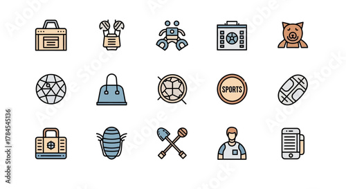 A colorful collection of various stylized icons, including a briefcase, a robot, a dog face, a globe, a handbag, and a soccer ball. Diverse objects are represented