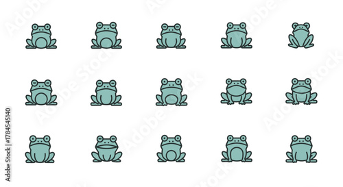 A repeated pattern of light green cartoon frogs, each with black outlines, are arranged in three rows against a white background. Their eyes are circular, and they sit on their haunches