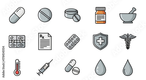 A graphic featuring various medical icons, including pills, a prescription, a shield, and medical tools. Icons use a simple, flat design style with consistent coloring and outlines