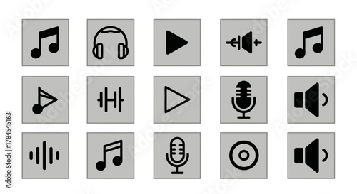 A grid of 15 black icons on grey squares, including musical notes, headphones, play buttons, a microphone, sound waves, sliders, and a CD