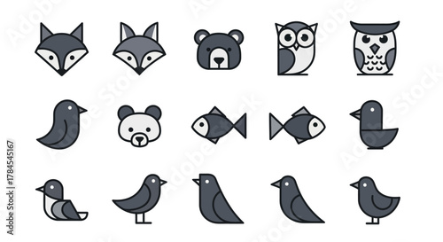 A collection of simple, flat design animal icons, including foxes, bears, owls, fish, and birds. Each animal is depicted in a minimalistic, grayscale style with bold outlines