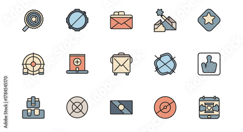 A collection of simple, colorful icons. They feature various shapes and symbols like stars, targets, and gears. Many have an email or messaging theme. Some show a calendar, computer and even a gesture