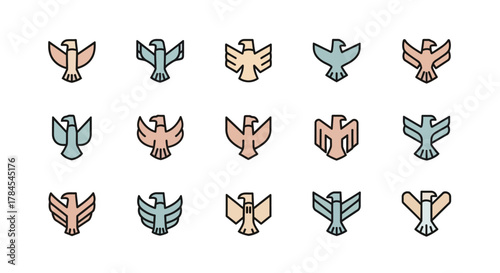 A collection of stylized eagle icons, arranged in rows. Each features a unique color scheme of muted tones and black outlines. Variations of open wings and upright poses