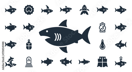 A collection of stylized, dark blue silhouettes on a white background. Primarily featuring sharks in various poses, alongside a bottle cap, some other forms