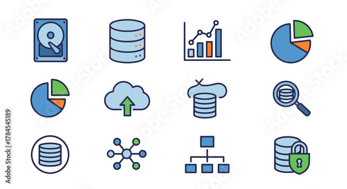 Colorful vector icons representing data and information technology concepts, including storage, analytics, cloud computing, network, and security. Various charts, diagrams, and hard drive