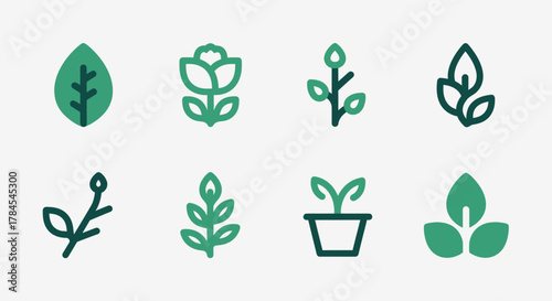 A collection of eight stylized plant icons in shades of green and dark teal. Includes leaf, floral, and potted plant designs, set against a plain off-white background. Simple vector graphics