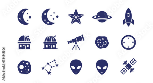 A collection of navy blue space-themed icons, including celestial bodies, spacecraft, and alien figures, arranged on a white background. It suggests a theme of exploration
