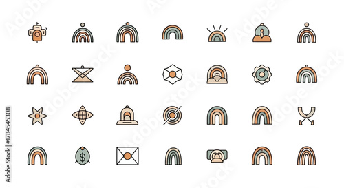 A collection of simple, flat-style icons featuring rainbows, symbols, and abstract shapes, arranged in a grid on a white background. The color palette is muted, with earth tones and soft hues