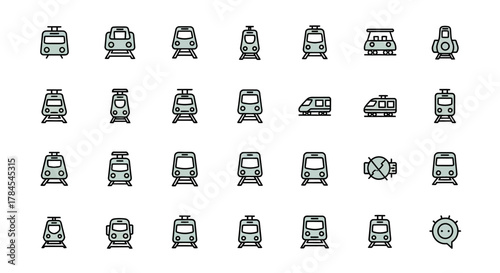 An array of colorful train icons in various designs, featuring front views, side profiles, and unique representations of train carriages and transportation concepts, all set against a white background