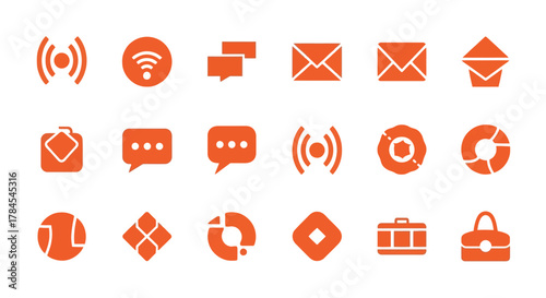 A collection of sixteen simple, orange-colored icons, representing diverse concepts like communication, connectivity, and objects. The flat design offers clean visual presentation
