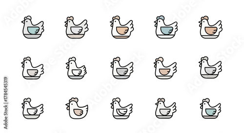 Vector icons of stylized chickens in various colors and arrangements, set against a white background, perfect for farm or food-related designs