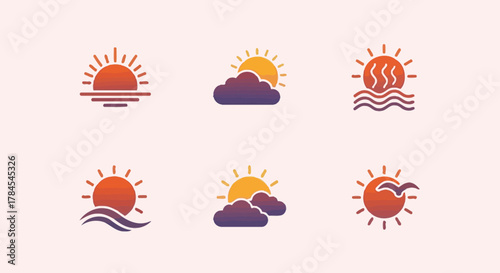 Six stylized weather icons featuring the sun in various settings. These depict sunrise/sunset over water, behind clouds, and other elements. Gradient shading and simple designs