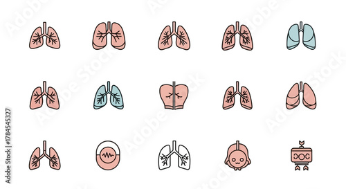 Cartoon illustrations of lungs and related symbols in various styles and colors, displayed against a clean white backdrop. Some resemble emojis