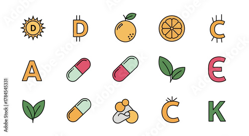A colorful collection of illustrations features vitamins, fruits, and pills in a vibrant, outlined style on a clean white background. Various health-related icons are shown