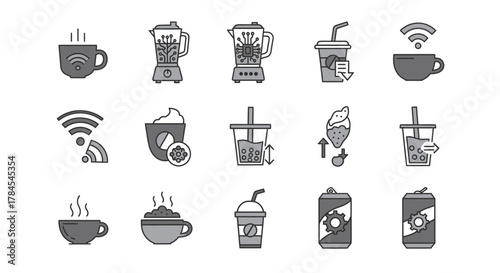 A set of grayscale icons representing various beverages, electronic gadgets, and elements. Includes cups, blenders, WiFi signals, soda cans, and iced drinks