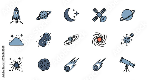 A collection of stylized space icons showcasing celestial bodies like planets, stars, and galaxies, alongside a rocket, satellite, and a telescope. The illustrations are vibrant and minimalist