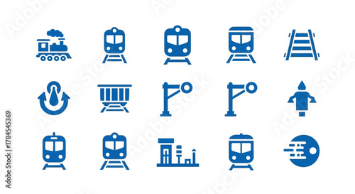 A collection of blue icons related to trains, railways, and transportation systems, including locomotives, carriages, signal poles, and tracks, with a stylized water symbol
