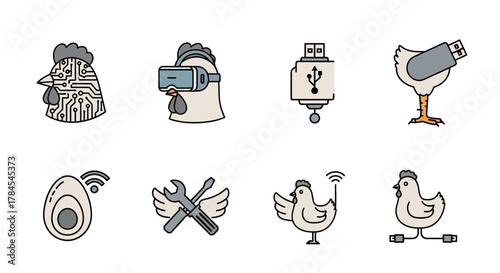 A playful vector illustration features a series of cartoon chickens integrated with technological elements like VR glasses, circuits, USB drives, and connection wires, symbolizing tech integration
