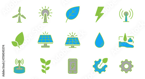 Collection of green, blue, and gray icons depicting renewable energy and eco-friendly technology. Includes symbols like leaves, solar panels, and wind turbines, suggesting sustainable practices