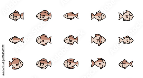 An array of stylized fish icons, rendered in brown and beige tones, each with black outlines and expressive eyes, are spaced across a white background. Their poses and sizes vary