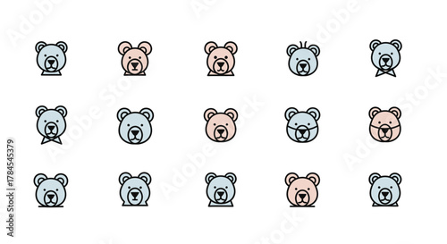 A collection of stylized bear faces in pastel colors, black outlines, and varying expressions. Some wear bows, masks, or have hair accessories. A clean, simple, and playful design