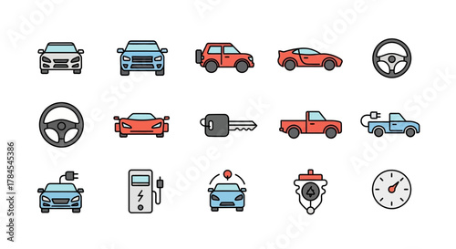 A collection of simple, colorful car and vehicle-related icons. Contains illustrations of cars, steering wheels, keys, charging stations, and eco-friendly elements. Clean lines and bright colors