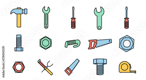 Colorful, flat-design illustrations of tools, like hammers, screwdrivers, wrenches, bolts, nuts, and saws. Vector-style, geometric shapes with solid fill, outlined in black, on a white backdrop
