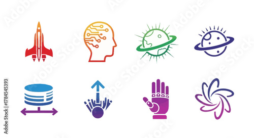 Eight stylized icons on white background, featuring a rocket, brain with circuits, planet with a ring, database, upward arrow cluster, robotic hand, and atom. All in vibrant watercolor gradients
