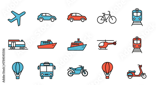 Collection of colorful, stylized transport icons including a plane, cars, bicycle, train, ships, helicopter, hot air balloon, bus, motorcycle, and scooter on white background