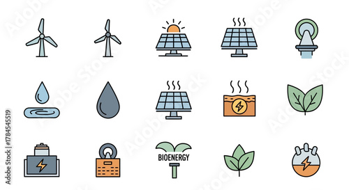 A collection of simple, colorful icons representing renewable energy sources. Includes wind turbines, solar panels, water drops, and leaves, all styled with clean lines and filled color