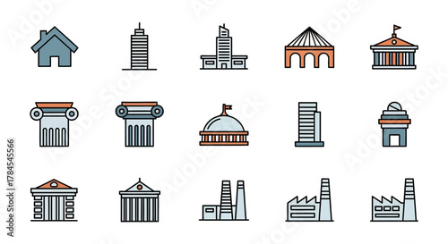 Colorful flat illustration set features a diverse collection of architectural structures and industrial facilities in vector style. Simple, clean, and geometric designs