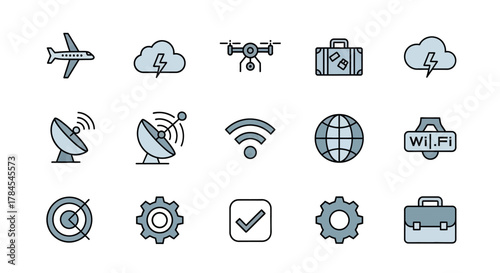 A collection of simple, colored illustrations featuring an airplane, cloud with lightning, drone, luggage, satellite dishes, wifi signals, globe, wifi sign, target, gears, and a briefcase