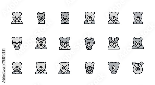 A grid of 18 stylized bear icons, each with a unique outfit or accessory. The bears are rendered in a minimalist, flat design with a limited color palette