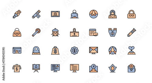 Vector icons set, featuring assorted flat designs with thick outlines. The icons represent varied business, information, and communication elements with a pastel color scheme. All images are centered